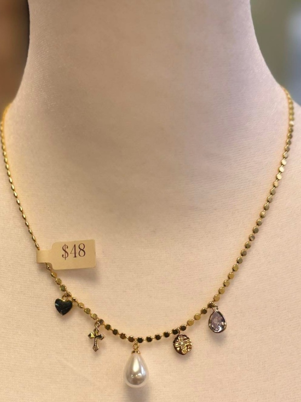 Gold‎ Charm Necklace with Pearl Drop - Women Jewelry